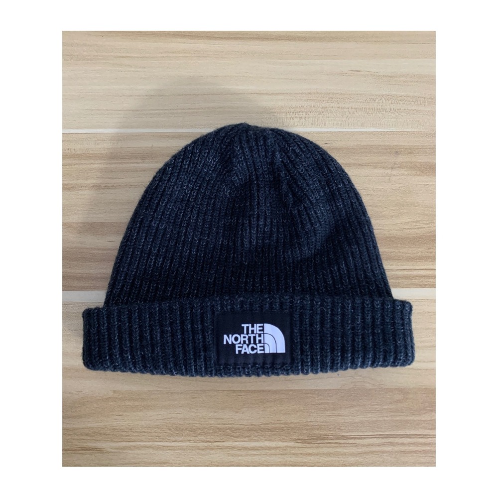 The North Face Beanie Men OS Charcoal Gray Ribbed Knit Cuffed Logo Winter Hat